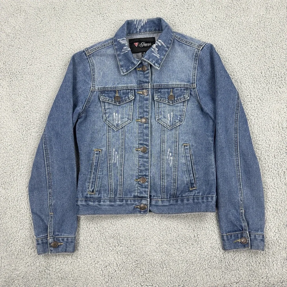 Guess Denim Jacket Youth Medium Blue Long Sleeve Button Up Jean Trucker