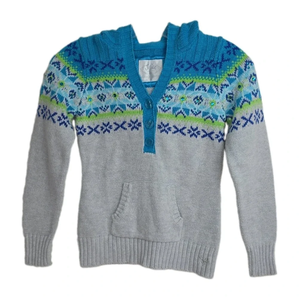 Justice Hooded Sweater Girls Size 10 Gray/Blue/Green Sequins Long Sleeves