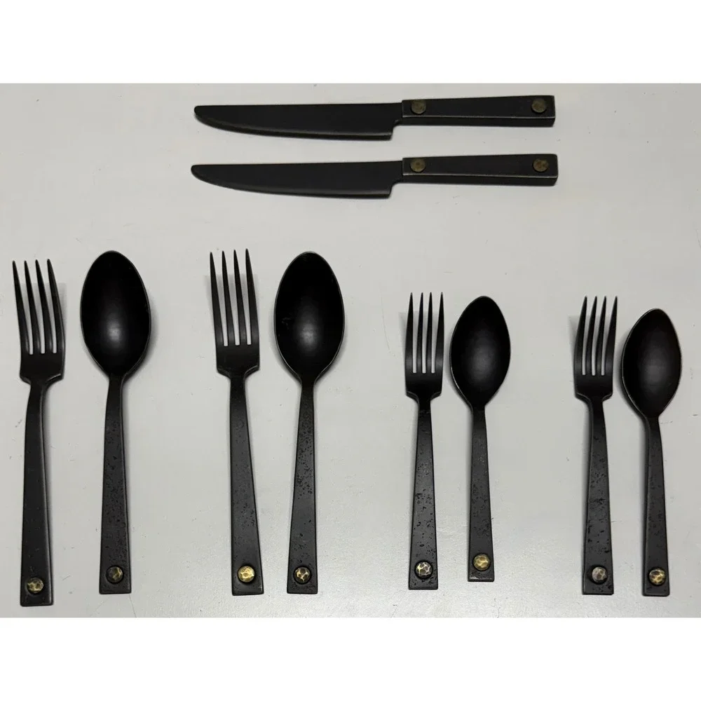 Restoration Hardware RH Blackened Stainless‎ Steel Riveted Flatware Set 10 Piece
