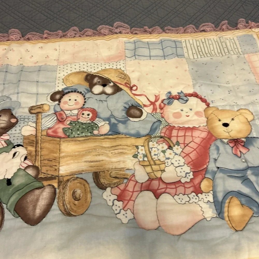 Vintage Country Bear Friends Baby Nursery Quilt Blanket 27x36 Cottagecore
