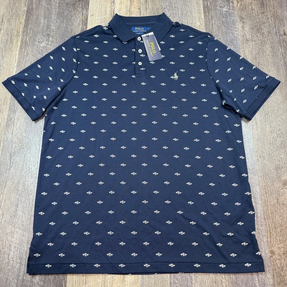 Polo Ralph Lauren Mens AOP Navy Blue Winged PRL Logo Classic Fit Shirt Large NWT