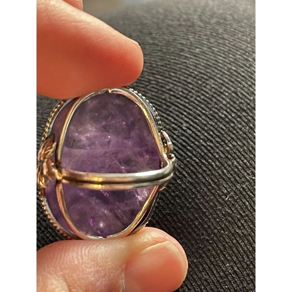 Vintage Hand Carved Amethyst Art Nouveau Silver Flower Ring Sterling 4.5