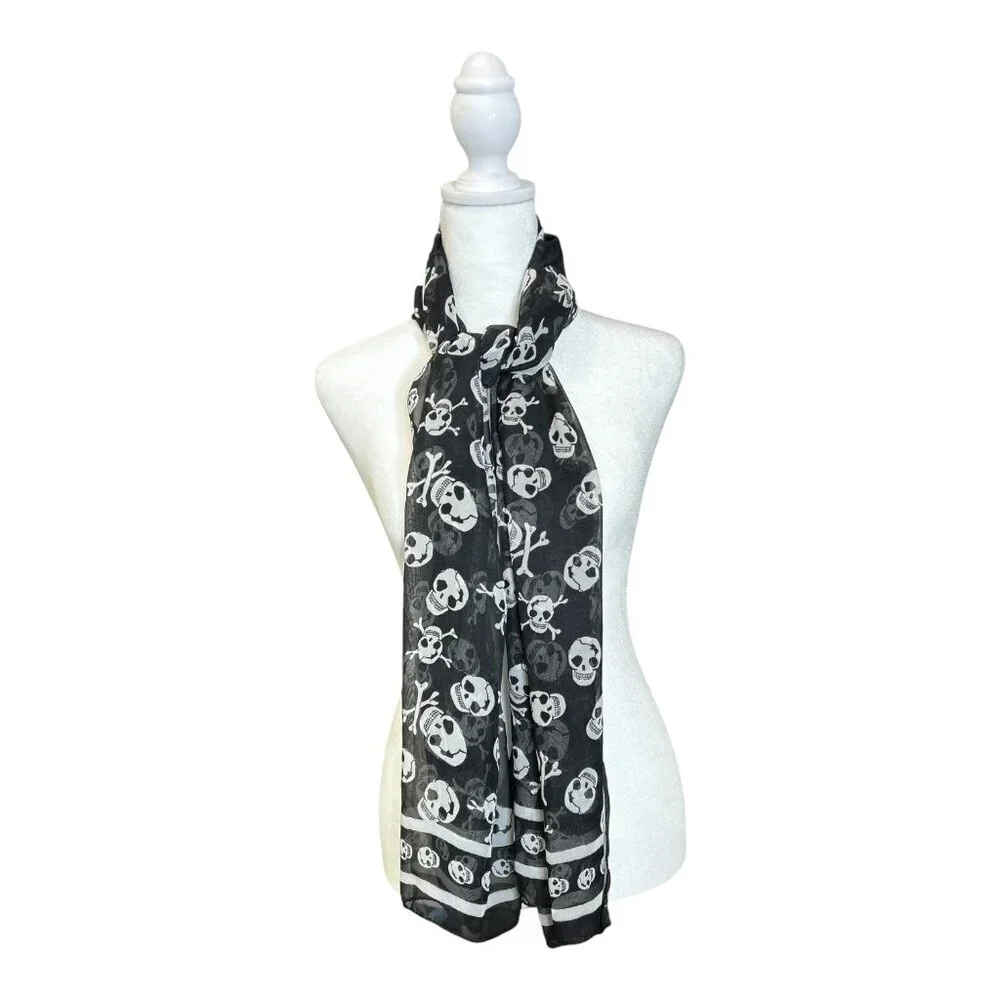 Halloween‎ Spooky Unisex Scarf with Printed Skulls Black & White Grunge Goth