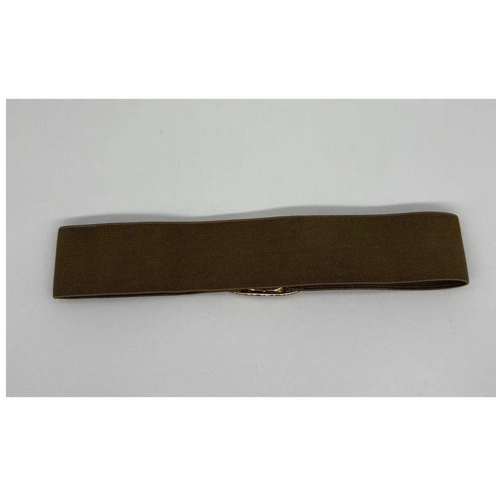 Vintage Wide Elastic Cinch Belt Olive Brown Gold Black Buckle Retro 25
