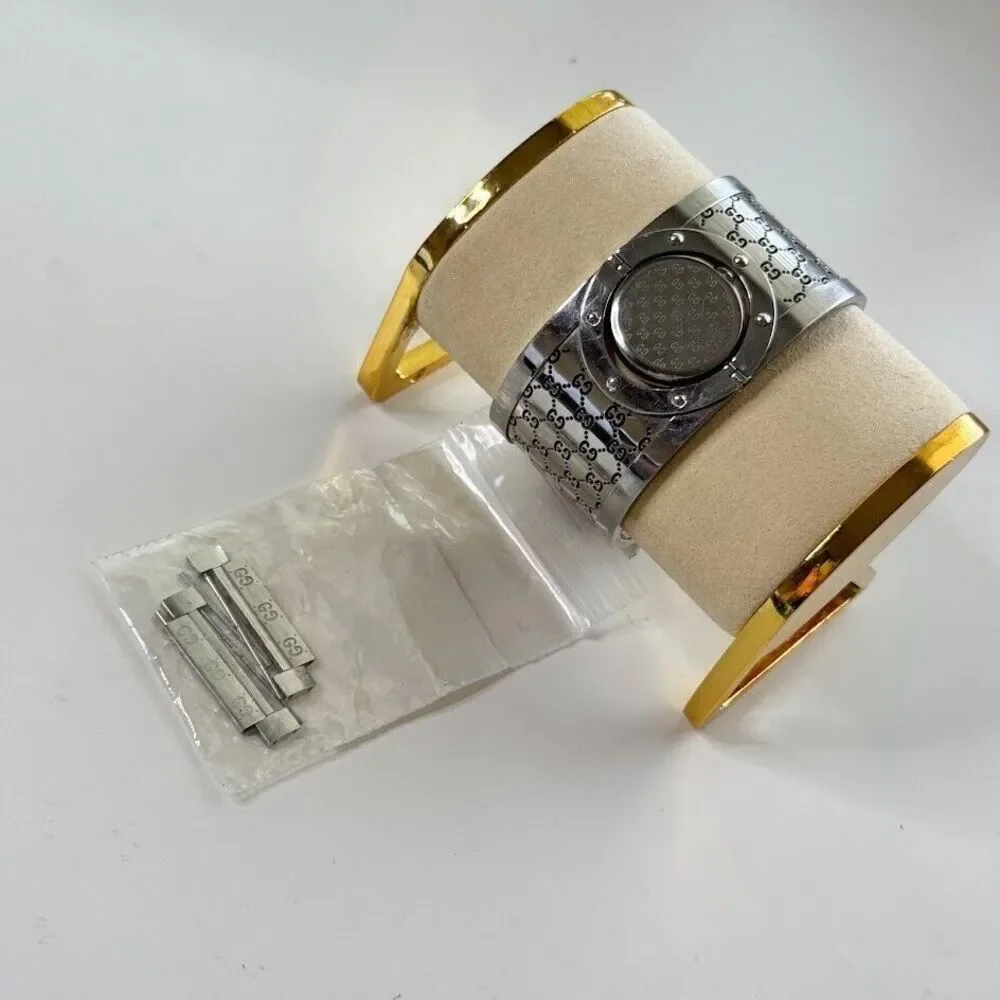 Gucci Wide Twirl Watch Bangle Silver Emboss Logo Swiss Made Mother Of Pearl 90s