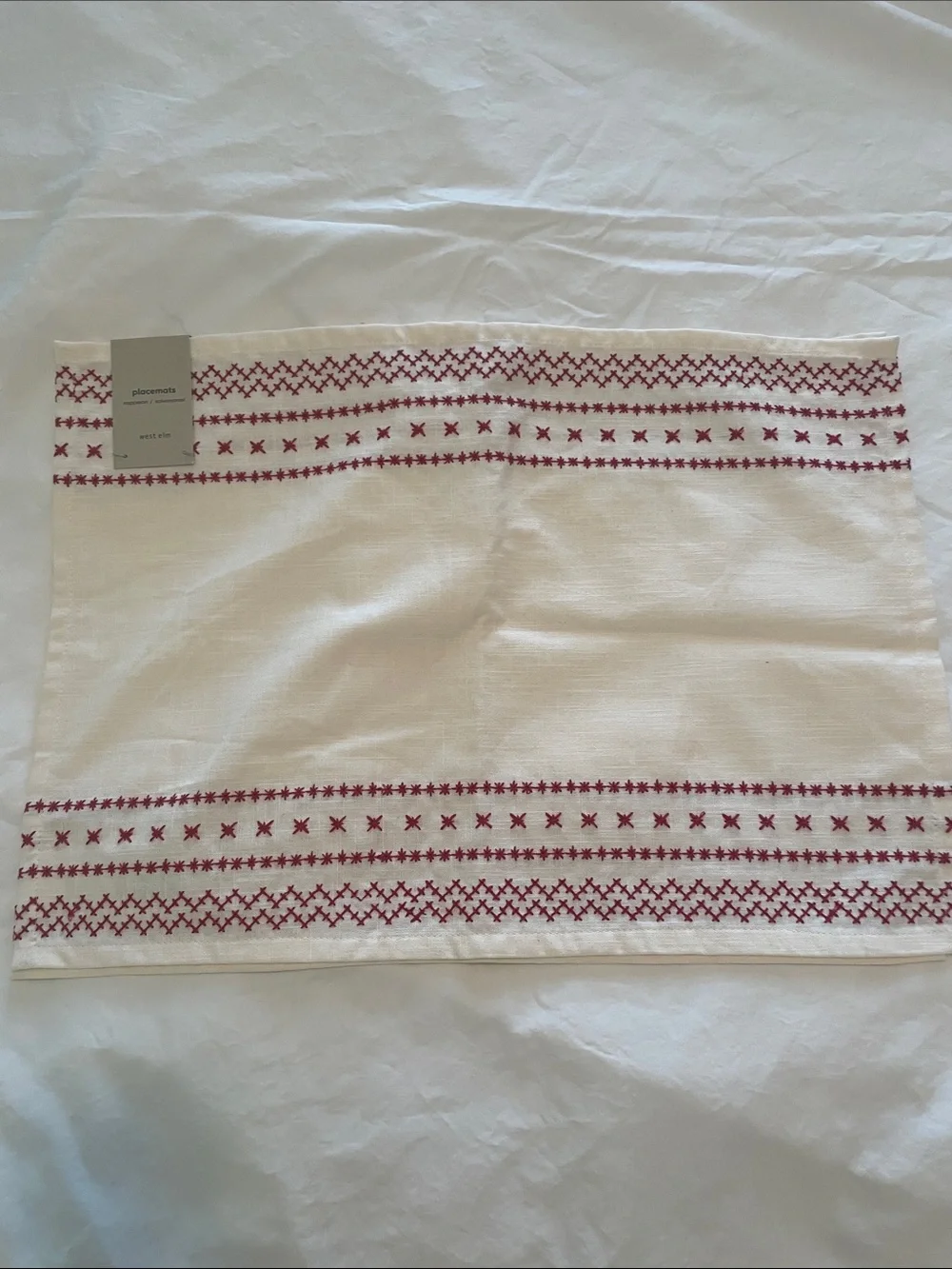 NWT West Elm Embroidered Cream Placemat with Red Cross-Stitch Trim