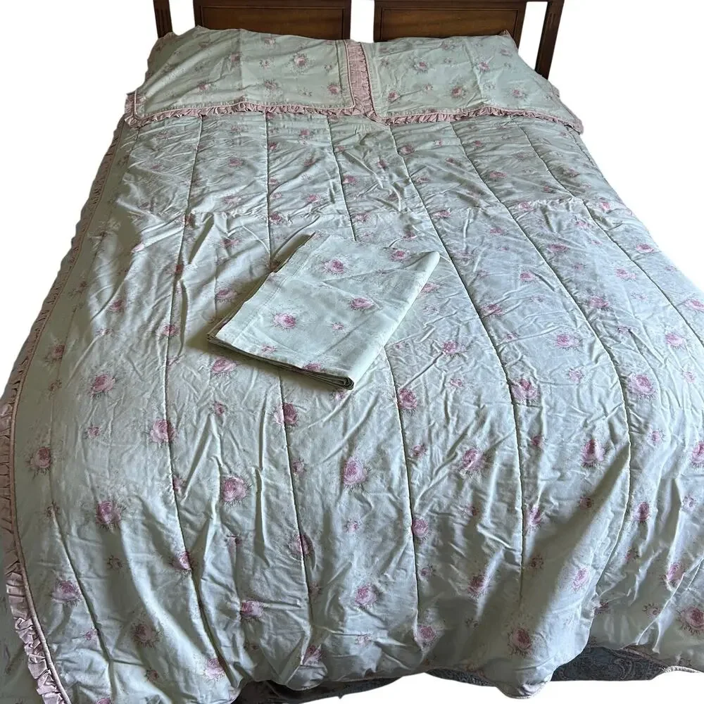 Laura Ashley Green Pink Rose rosemoor full comforter 2 shams cottage core ruffle