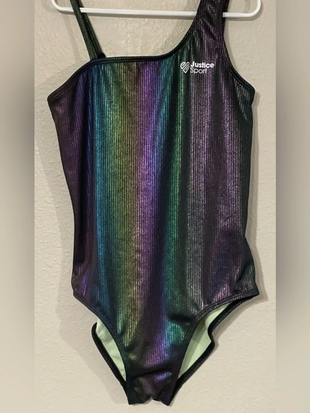 Justice Metallic Rainbow Stripe One-Piece Swimsuit - Black with Rainbow Sheen