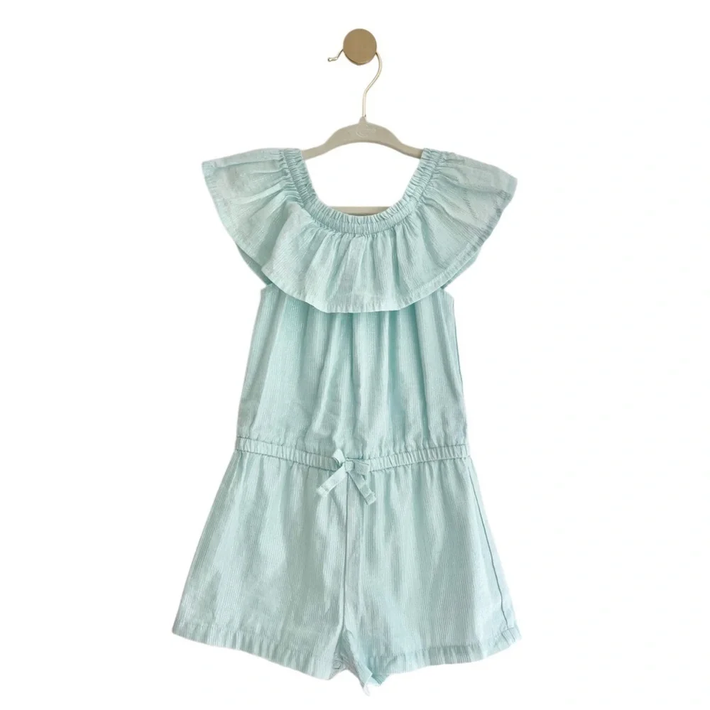 Cat & Jack Light Blue Ruffle Romper with Silver Threading | Baby Girl 18 Months