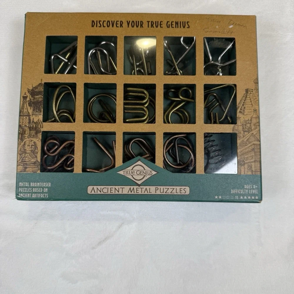 True Genius Ancient Metal Puzzle Set of 15 Brain Teasers Disentanglement Games