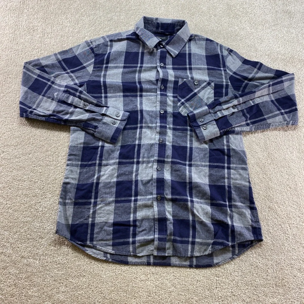 Banana Republic Flannel Shirt Mens Medium‎ Blue Grey Plaid Standard Fit Cotton