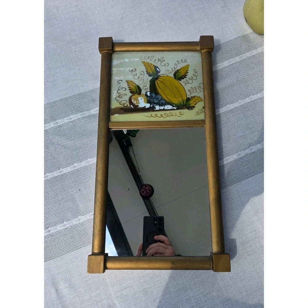 VTG 10x19.5 Gold Wood Wall Mirror‎ Reverse Painted Fruit Rustic Cottage