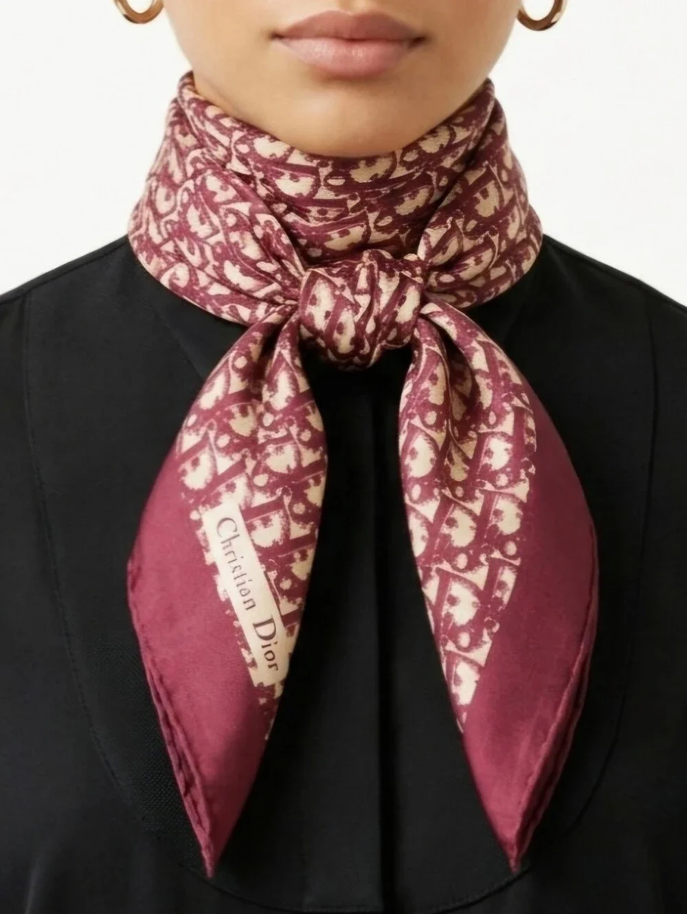 Christian Dior Burgundy & Cream Oblique Monogram Silk Scarf