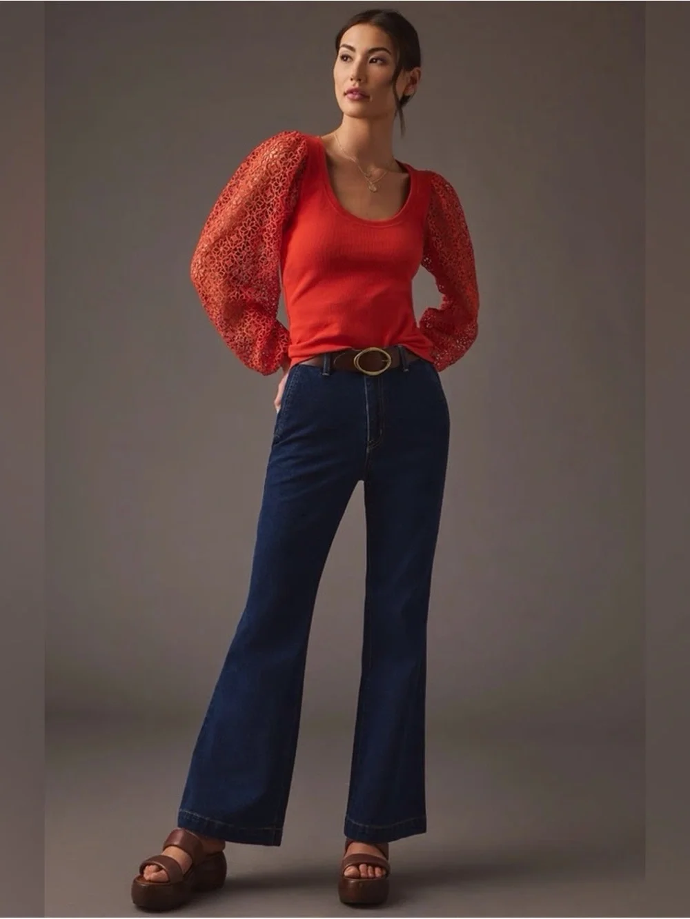 Anthropologie Maeve Red Orange Lace Crochet Balloon Puff Long Sleeve Knit Shirt