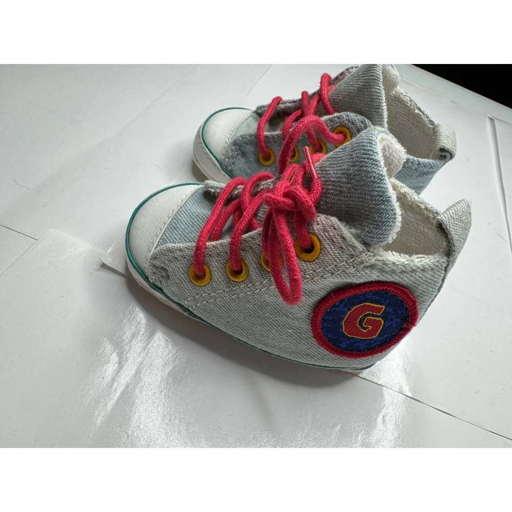 Gymboree Baby Boy High Top Denim Sneakers Blue Red Laces Soft Sole Size 01