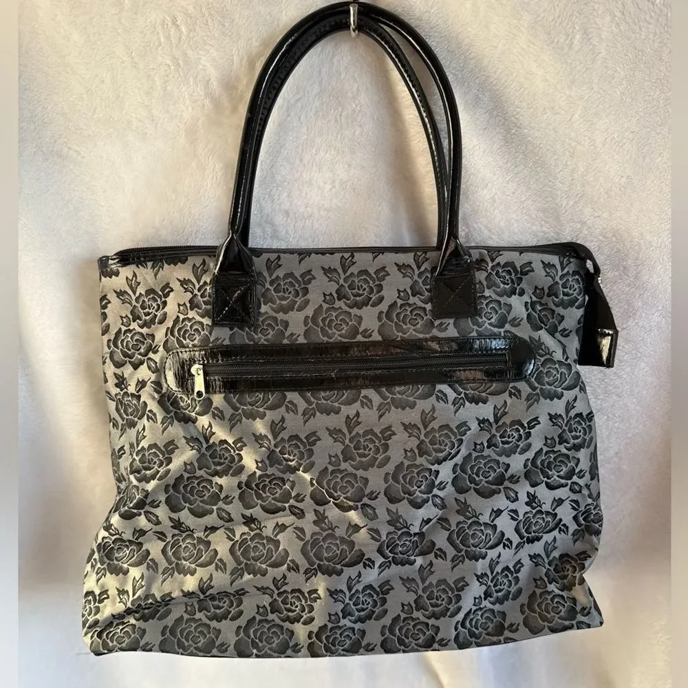 Floral Black and Gray Tote Bag with Detachable Pouch