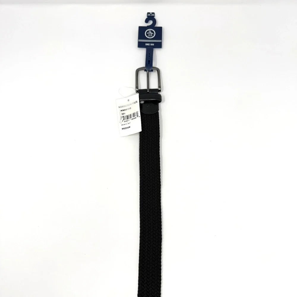 Original Penguin HN86103 Braided Stretch Belt Leather Trim Black Size M 34-36
