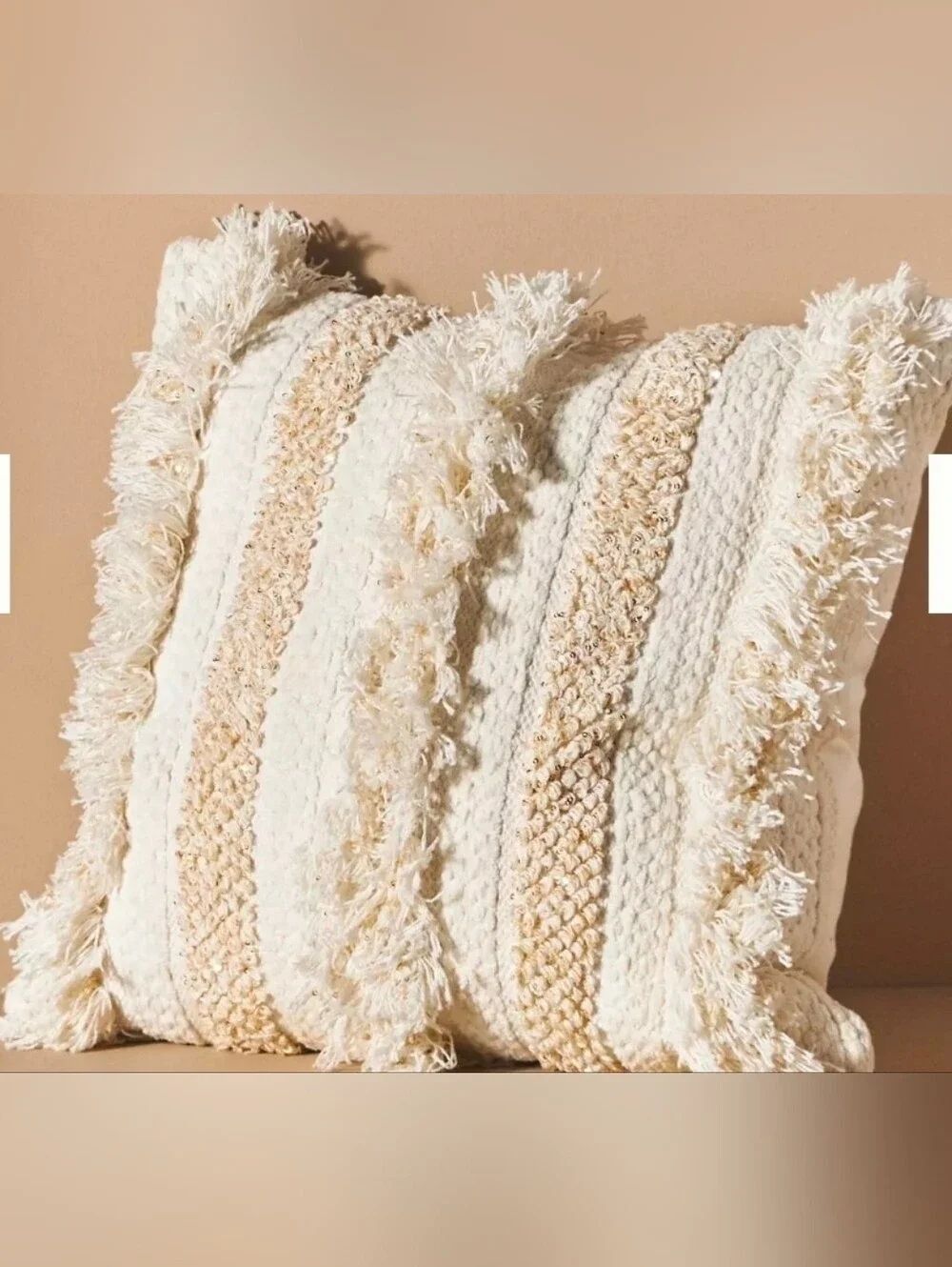 Anthropologie Cream and Beige Textured Fringe Throw Pillow Pair