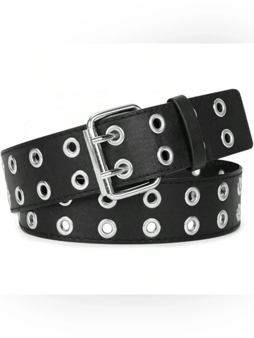 SHEIN Black Double Row Grommet Belt with Silver Buckle