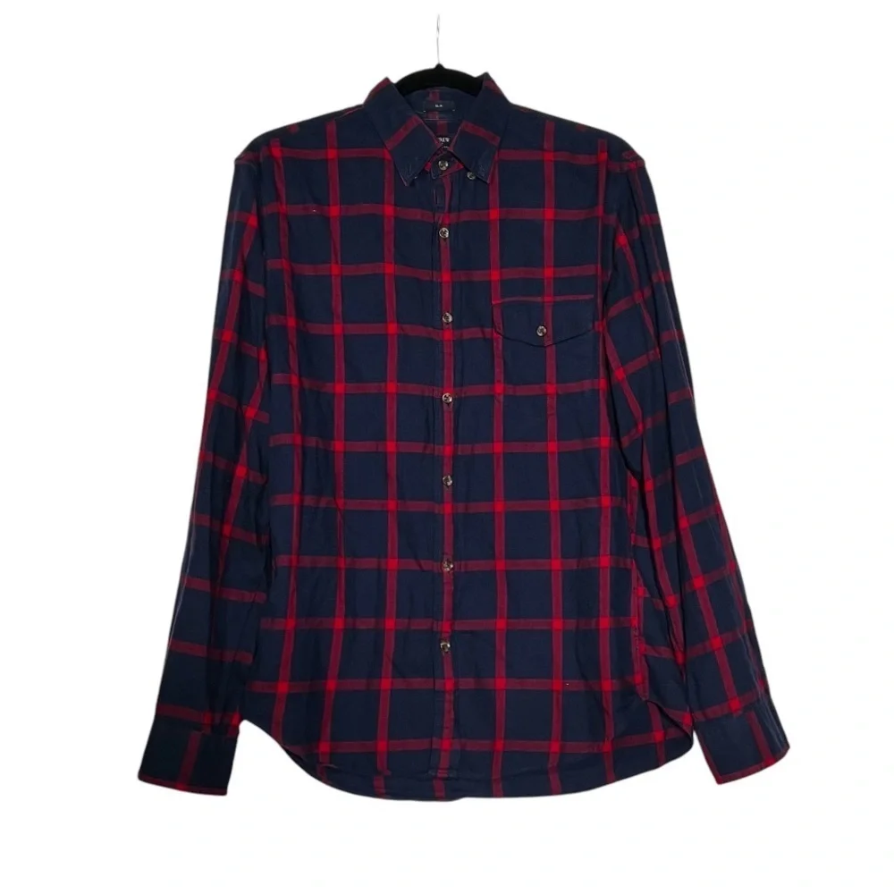 J. Crew Brushed Twill Flannel Button Down Plaid Navy and Red Size Medium Slim