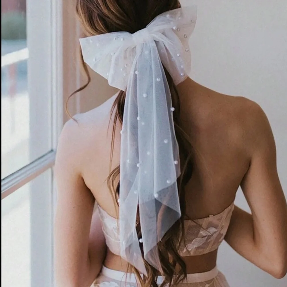 Anthropologie Pearl Tulle Bridal Bow | Polka Dot Veil Clip | Romantic Bride Hair