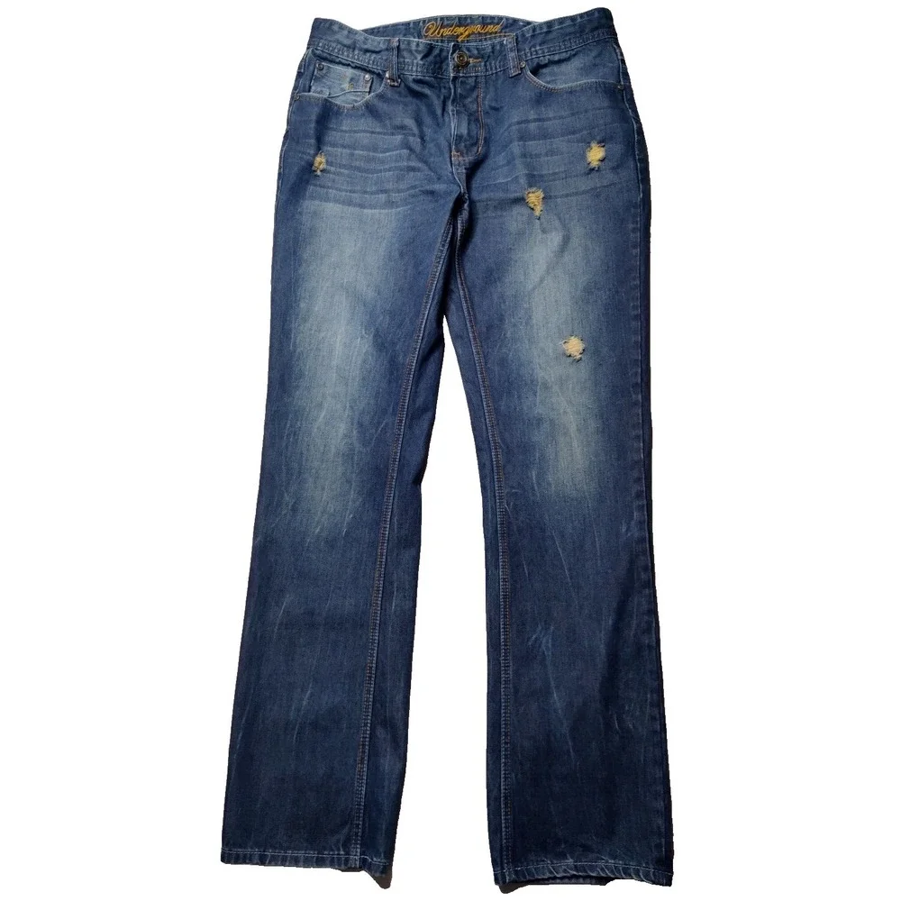UNDERGROUND INDUSTRY Men 36X34 Distressed Denim Designer‎ Blue Jeans