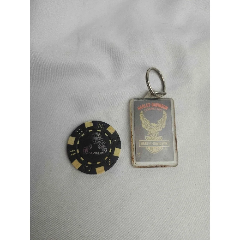 Harley-Davidson Atlanta Poker Chip and Vintage Cigarettes Acrylic Keychain Lot
