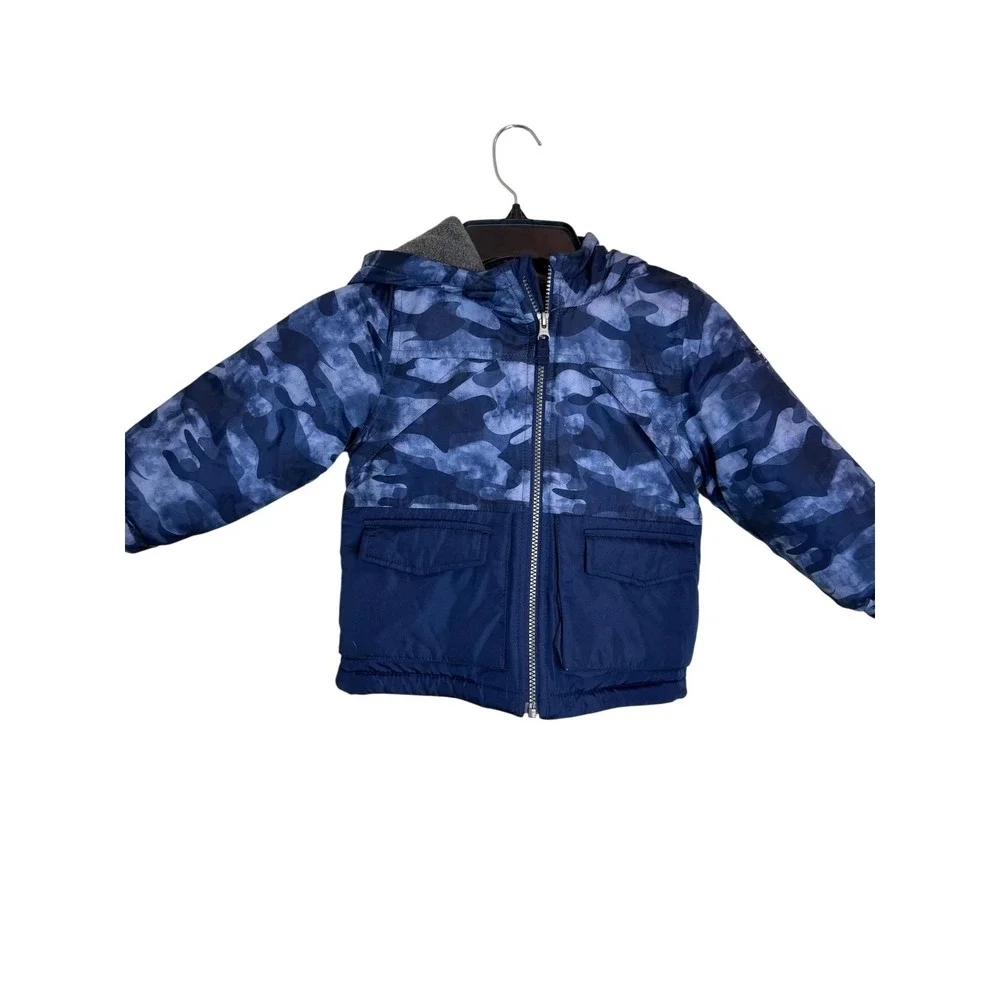 OshKosh B'gosh Kids Puffer Jacket 3T Blue Camo Hooded Winter‎ Coat Warm Lined