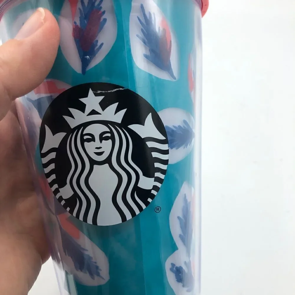 Starbucks Feather Tumbler with Straw‎ 16 oz Cup Original Straw Print Coffee