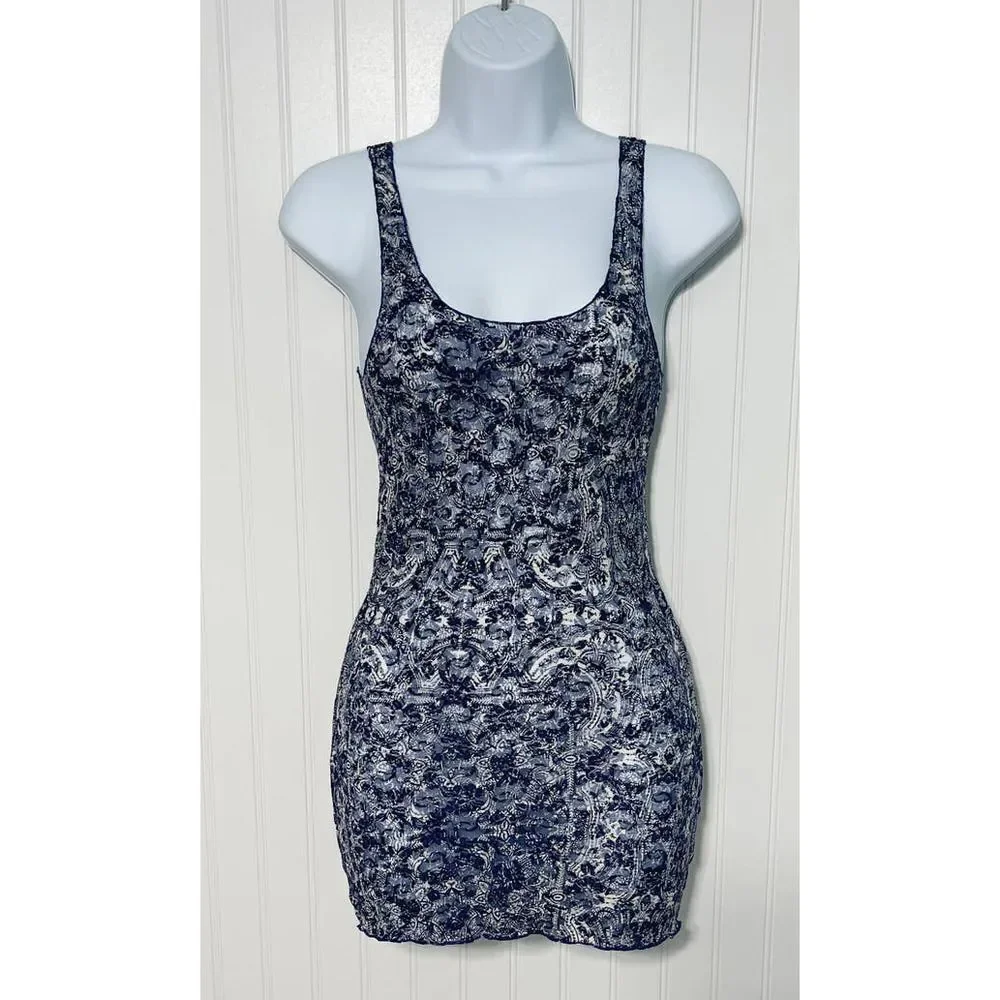 Free People Sheer Lace Printed Long Tank Top Lettuce Hem Sleeveless Blue Small‎