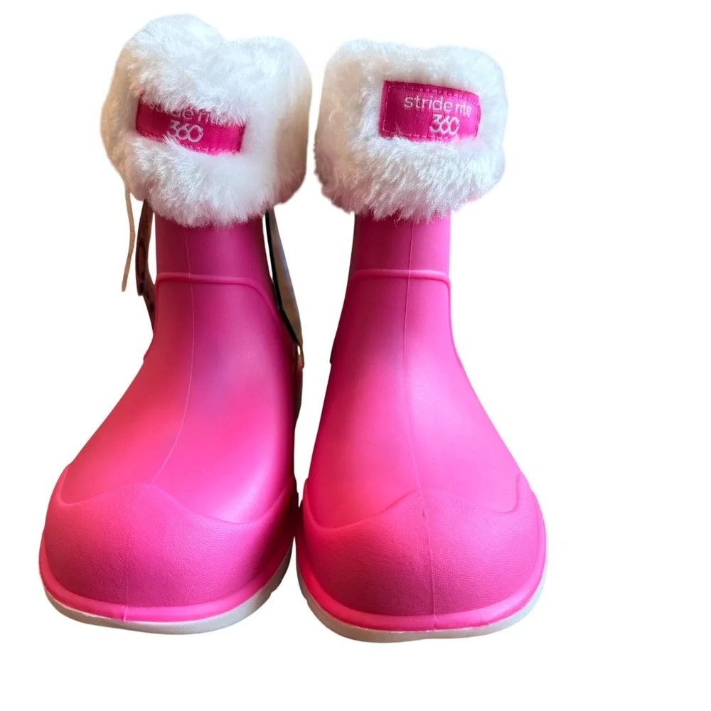 Stride Rite 360 Kids Pink Rubber Rain Boots 8M Fur Trim Waterproof Small Flaw