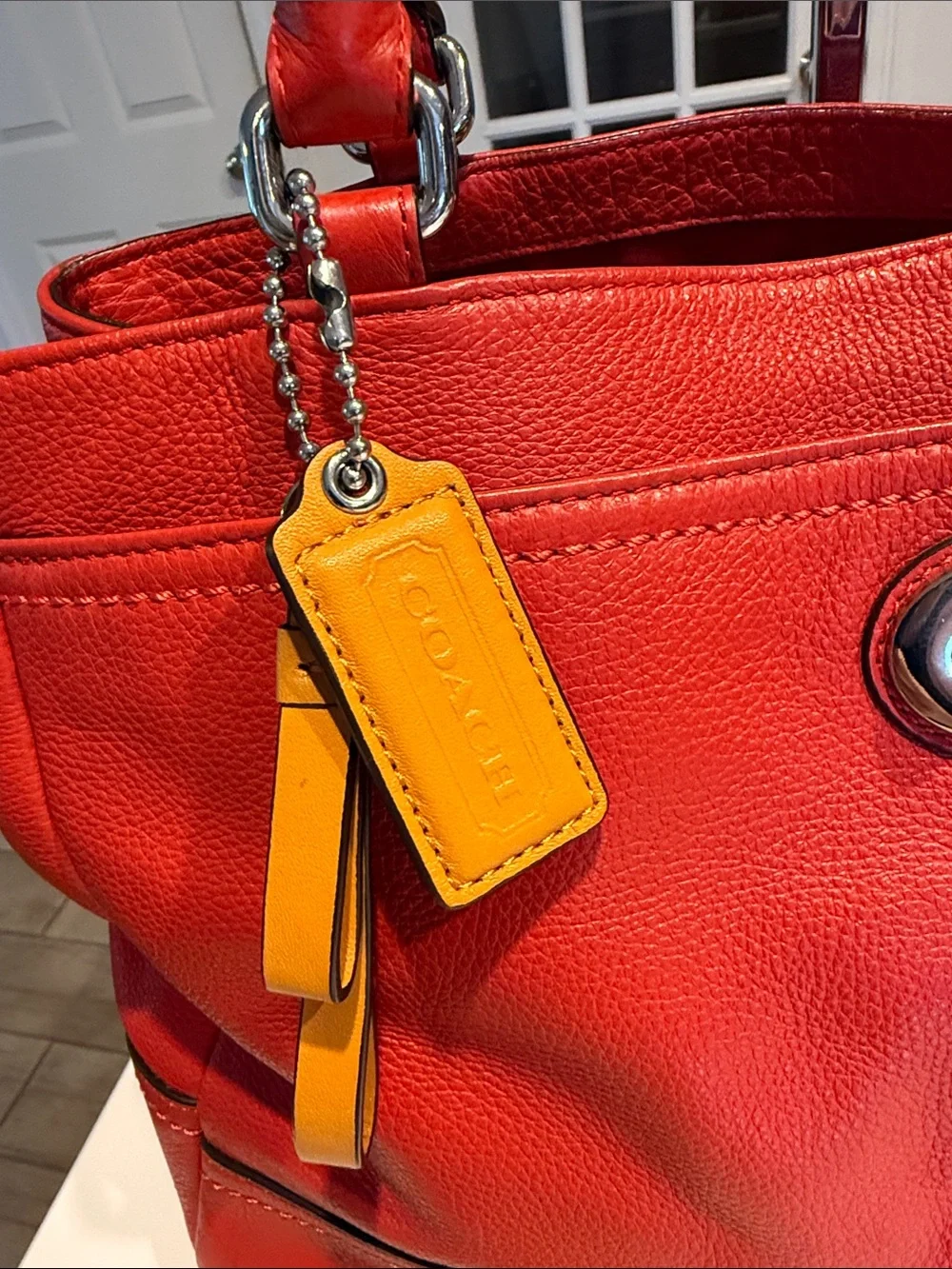 Coach Park Red Leather Carry All Totr with Yellow Tag Accent