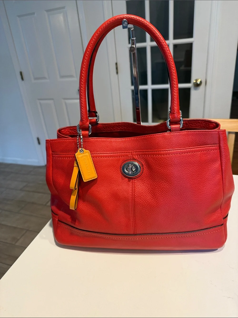 Coach Park Red Leather Carry All Totr with Yellow Tag Accent