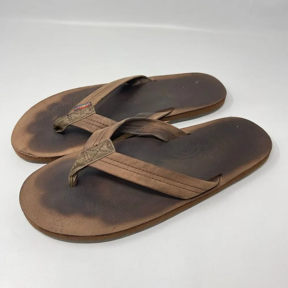 Rainbow Brown Leather Sandals Flip Flops Men’s Size XL 11-12 Preowned