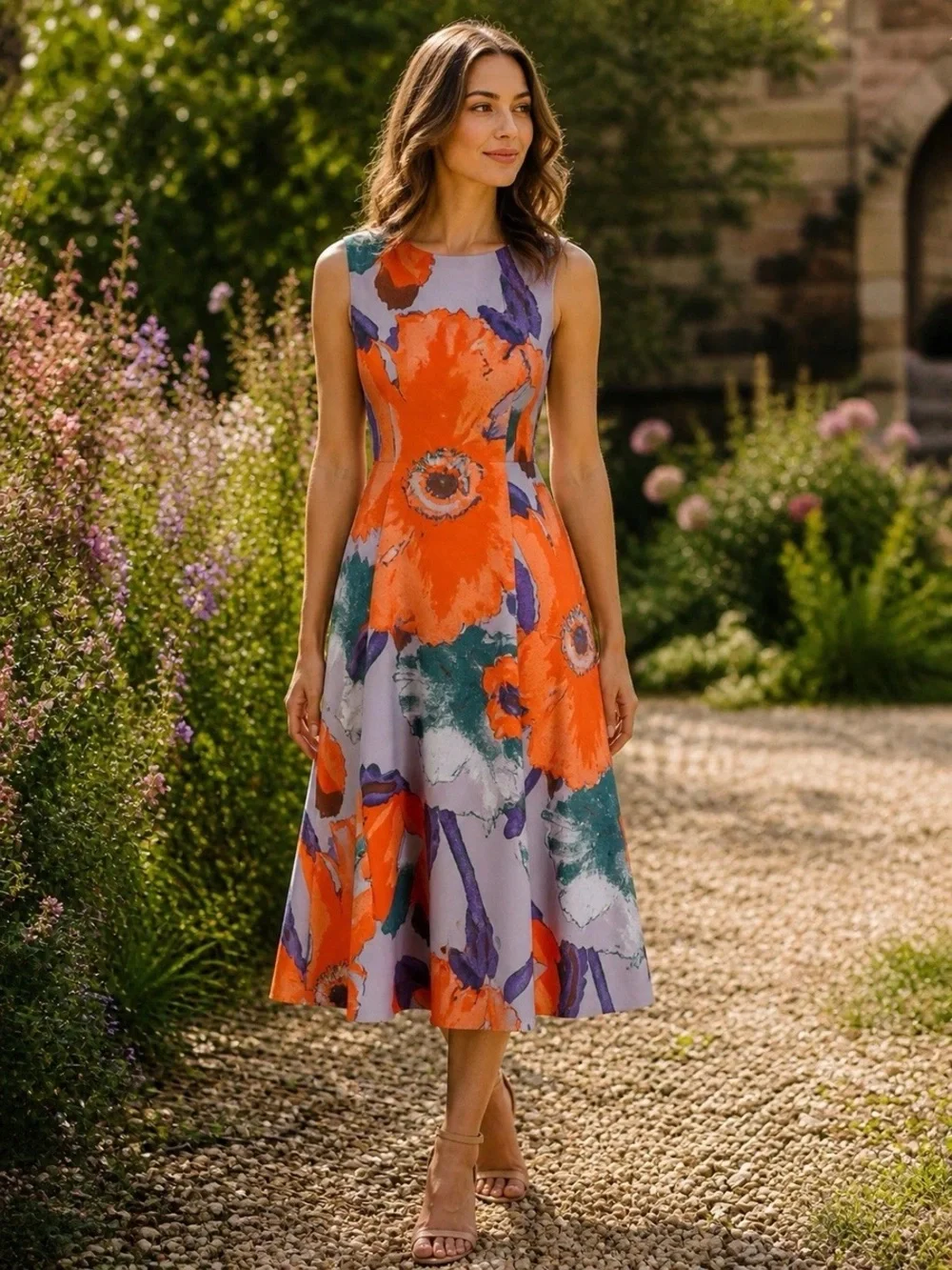 J. Peterman Floral Bloom A-Line Midi Dress Orange Gray Purple Size 20