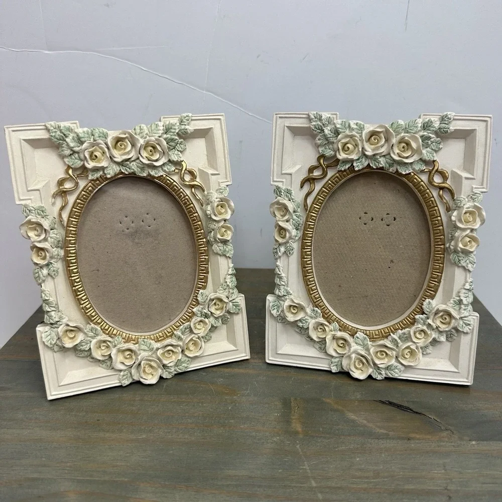 Set 2 Floral Picture Frame Wild Roses cottage Victorian Gold Cream Shabby Chic