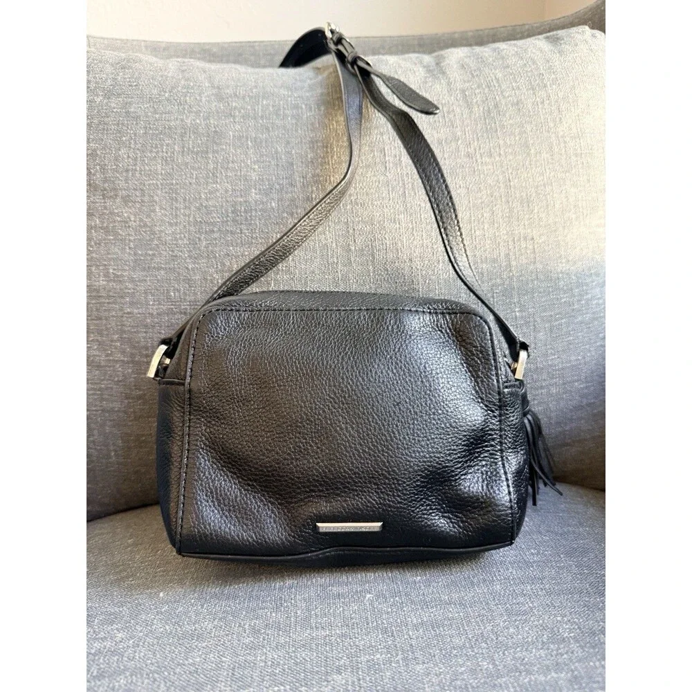 Rebecca Minkoff Black Leather Crossbody Bag Pebbled Small Tassel Zipper Closure