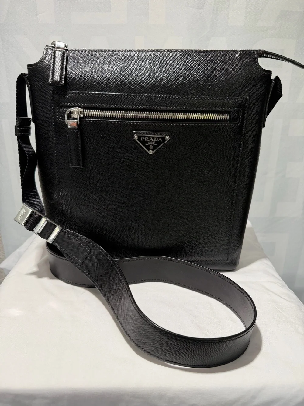Prada Black Saffiano Leather Messenger Bag with Silver Hardware