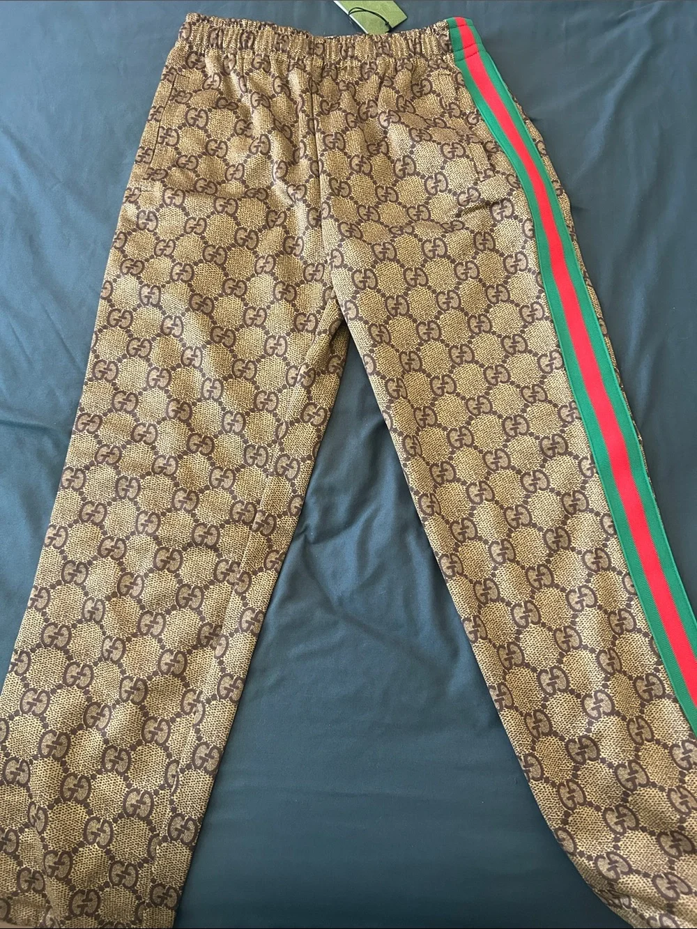 Gucci Beige/Brown Monogram Joggers with Green-Red Side Stripe