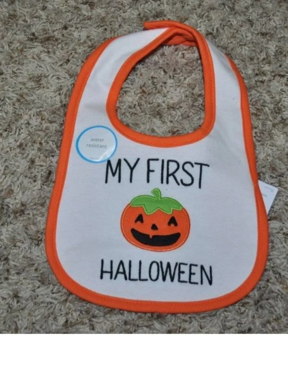 Baby My First Halloween Bib White Orange Water Resistant Snap Closure