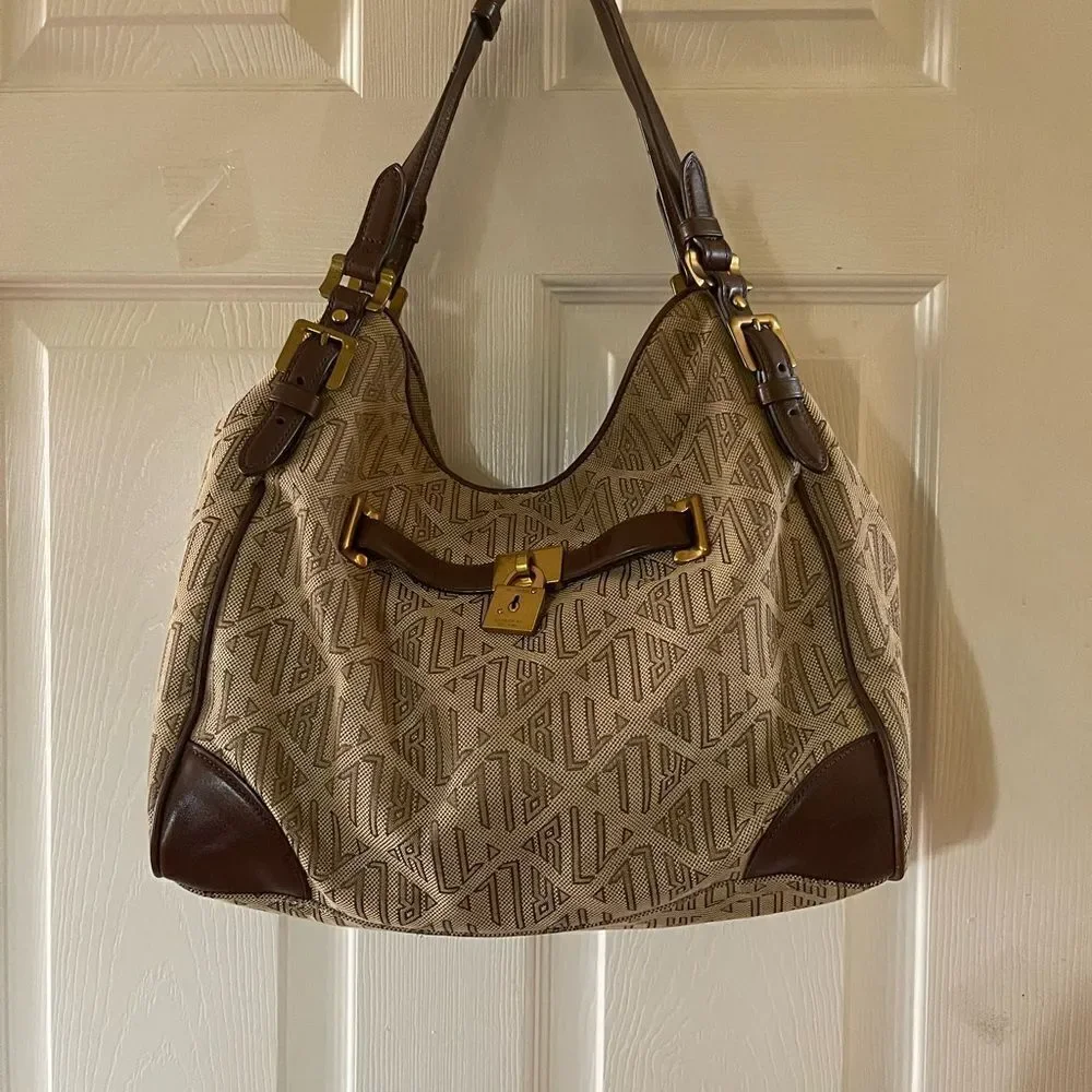 Ralph Lauren Logo Canvas khaki&brown Hobo Bag leather brown straps brass accents