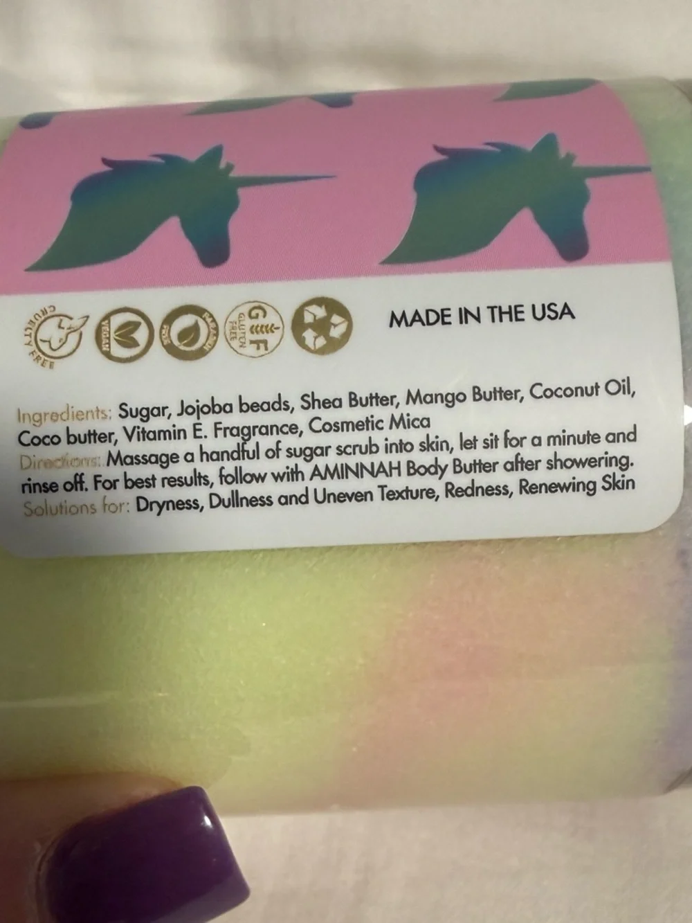 AMINNAH Unicorn Dreams Sugar Scrub – pink sugar and cotton candy smell!