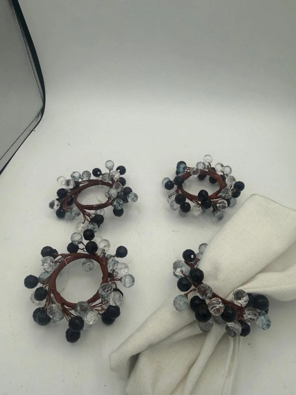 Cluster of  black / clear beaded Napkin Rings holders set of 4