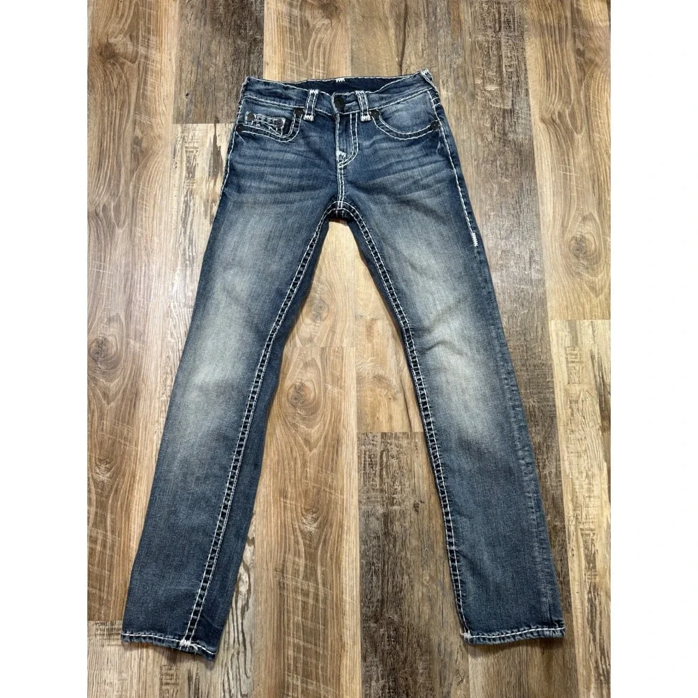 True Religion Jeans Ricky Mens 28x32 Medium Wash Relaxed Straight White T Stitch