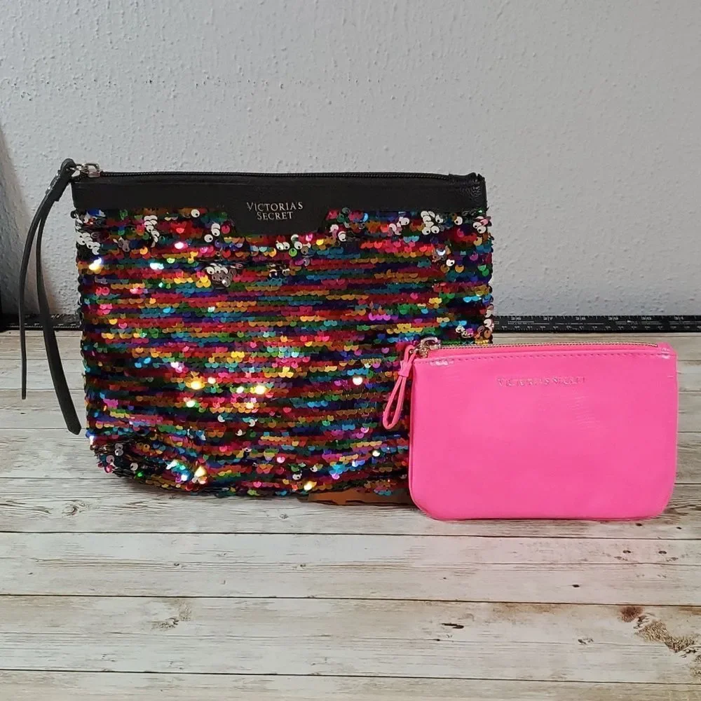 2 Victoria's Secret Bags‎ Cosmetic & Change Purse Rainbow Sequin & Pink Pleather