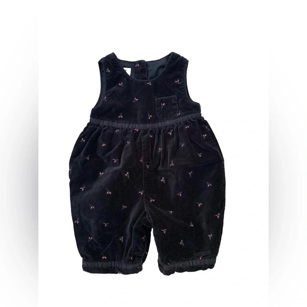 Vintage OshKosh Size Small Black Velvet Romper with Embroidered Flowers