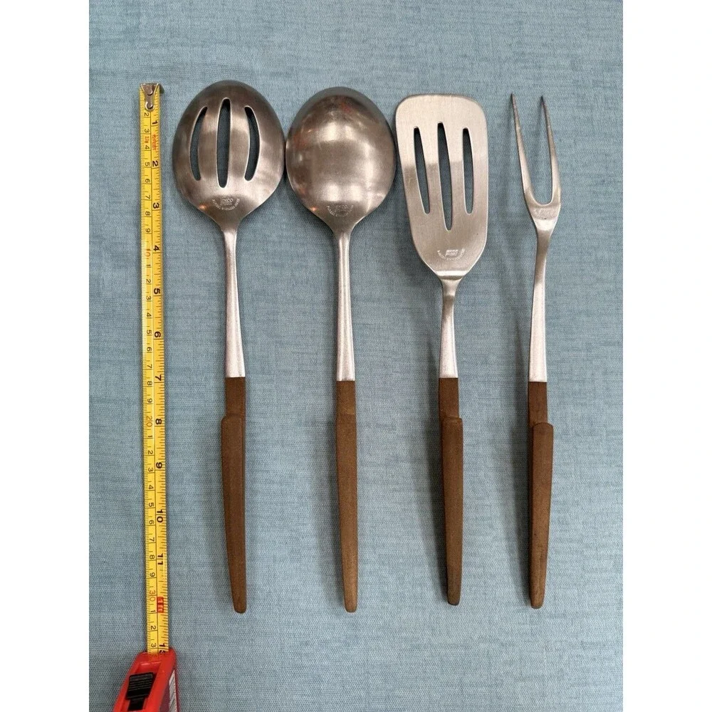Vintage Ekco Eterna Serving Set Spoons Slotted & Solid, Turner & Fork MCM Japan