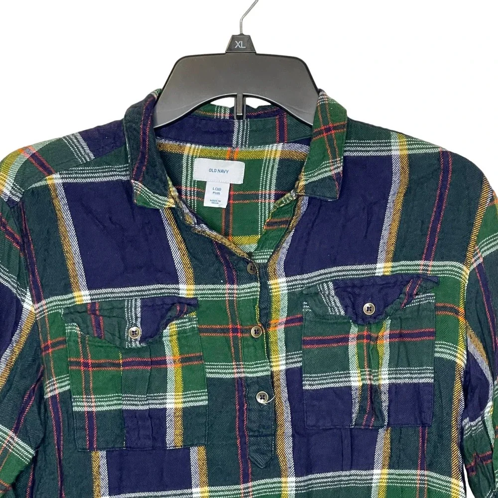 Old Navy Girls L(10)‎ Plus Green Blue Roll Tab Sleeve Plaid Flannel Shirt Dress