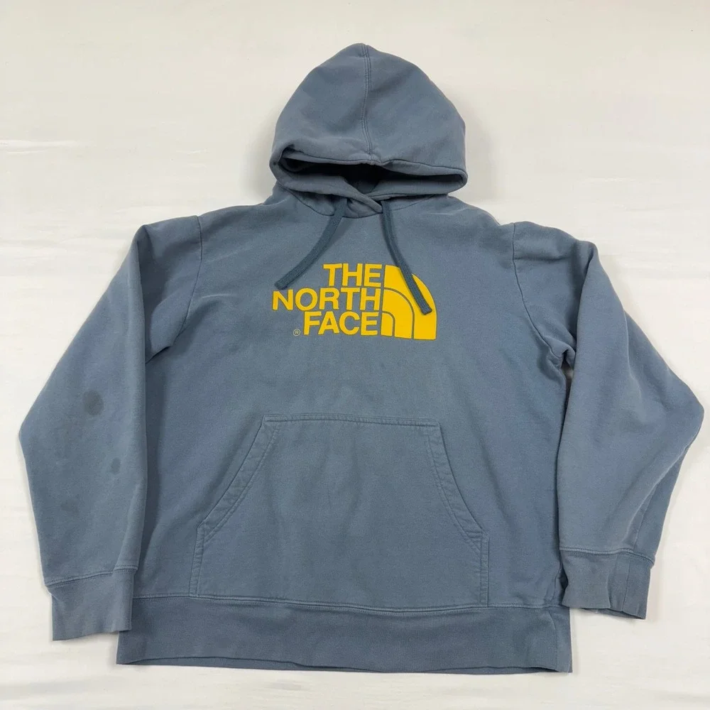 The North Face Hoodie Mens L Dusty Blue & Yellow Spell Out Logo Pullover‎
