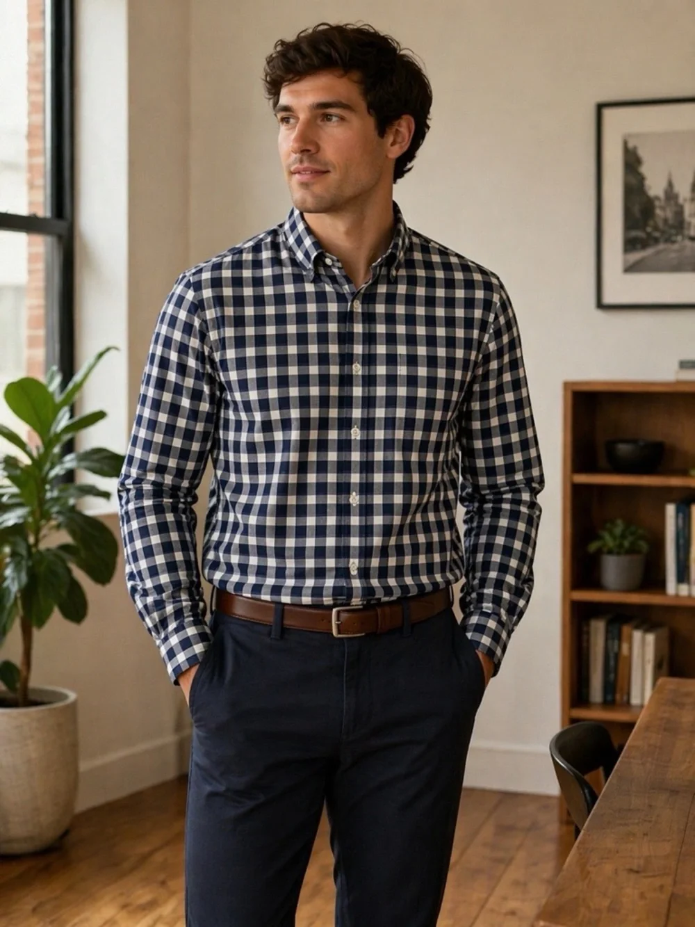 Banana Republic Men’s Grant Fit Navy White Plaid Button Up Shirt‎ Medium Preppy